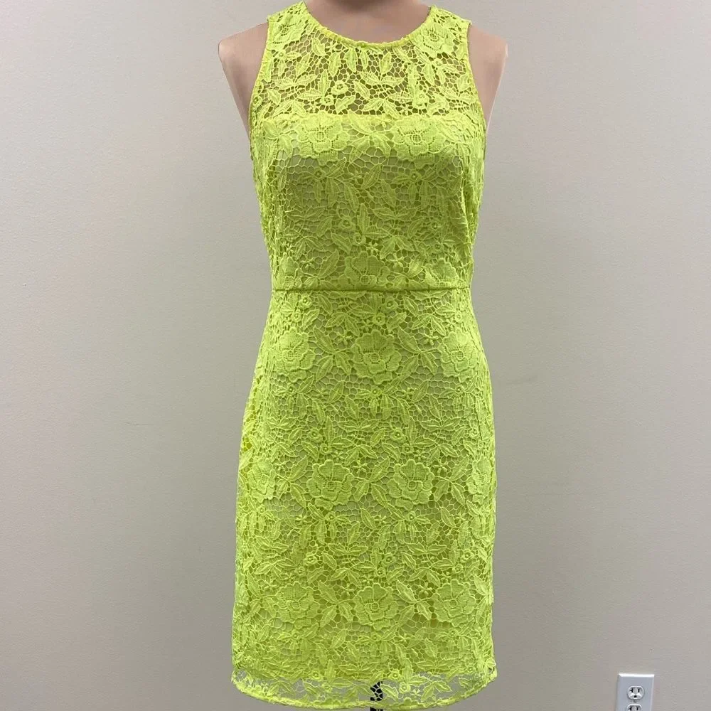 J Crew Collection Neon Green Lace Sleeveless Mini Sheath Dress - Picture 4 of 9